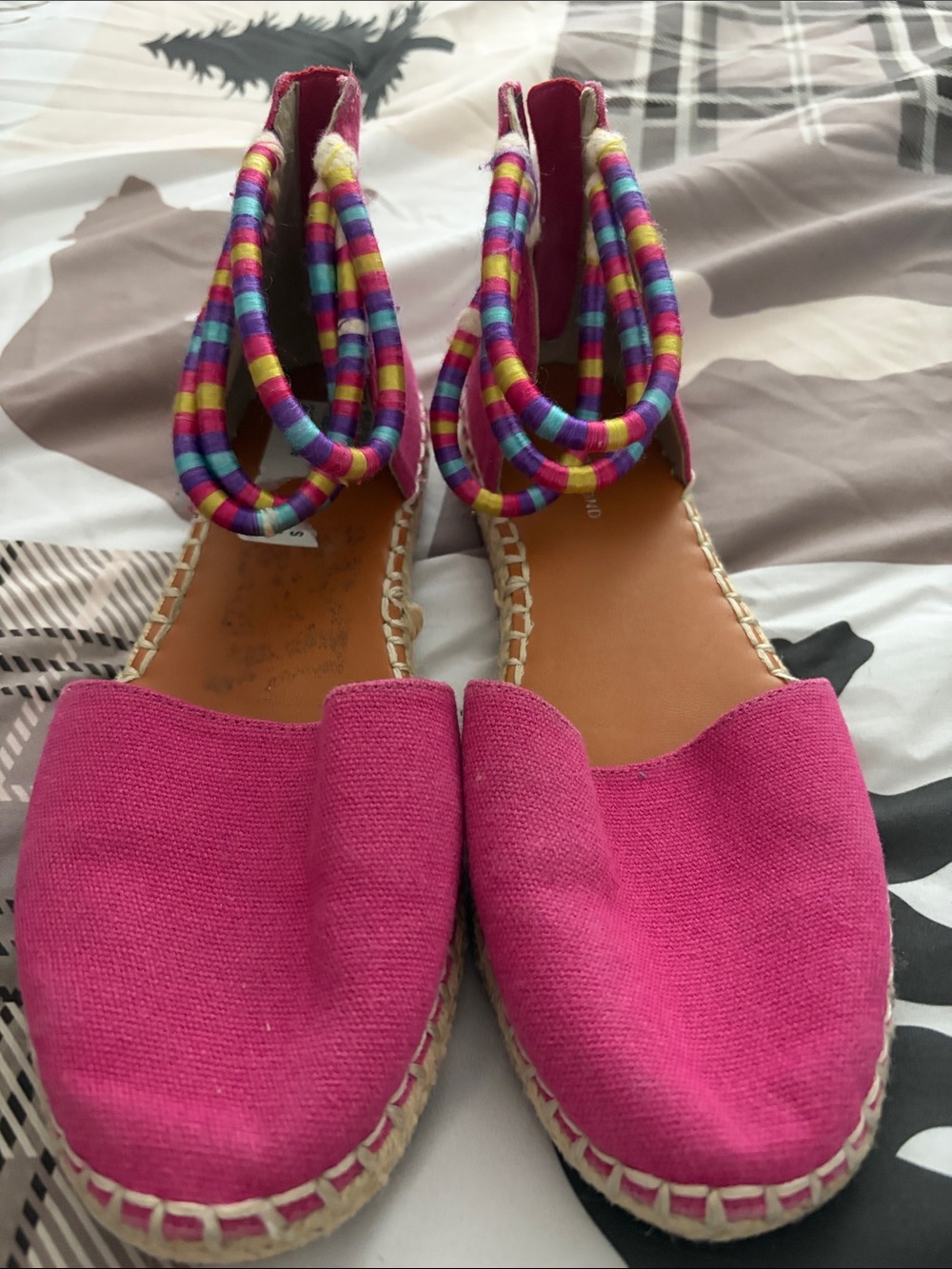 Treasure & Bond Bright Pink Canvas Espadrilles with Rainbow Striped Ankle Wraps